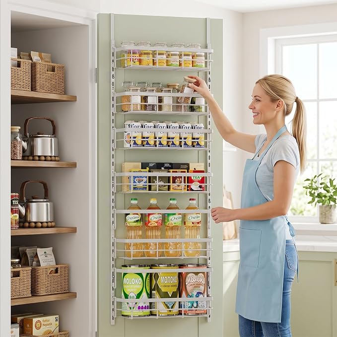 Over the Door Pantry Organizer, Adjustable 6 Tier Wide Storage Shelves with Hooks Fit Thin Doors Hold Spices Rack for Pantry Kitchen RV, White - Image 8