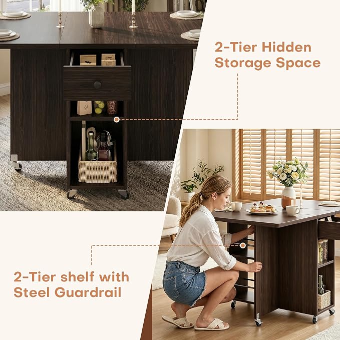 Jocoevol Space Saving Folding Dining Table for 4, Foldable Dining Table with Drawer and Storage Shelf, 6 Wheels Drop Leaf Kitchen Dining Room Table for Small Space (Walnut, 47.2" x 23.6" x 29.9") - Image 7