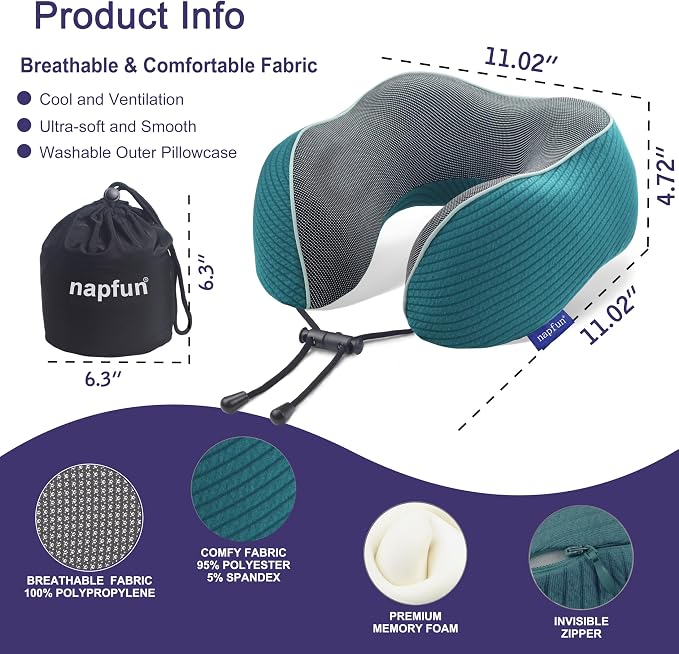 napfun Neck Pillow for Travel, Memory Foam Airplane Pillow, Teal | 360° Neck Support, Upgraded 100% Memory Foam for Airplane, Car, Train, Bus, Office Sleep, Travel Essentials for Long Flights - Image 2