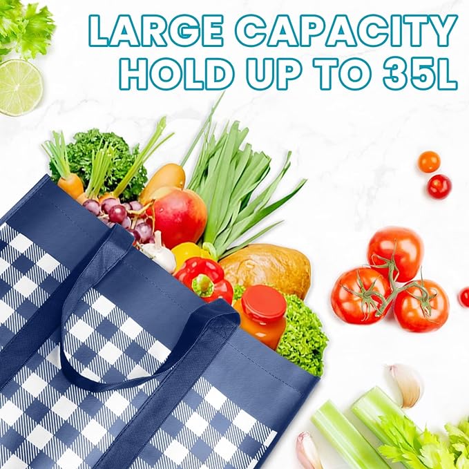 WOWBOX Reusable Grocery Bags, Foldable Reusable Shopping Tote Bags | 4-Pack Large Storage Bags bulk with Reinforced Handles and Water Resistant Coating for Groceries,Multipurpose,Blue-White - Image 7