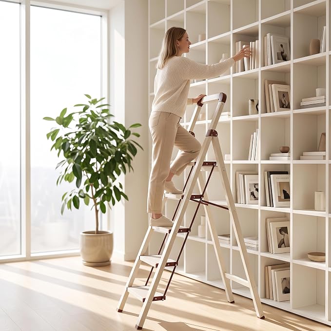 Step Ladder 5-Step White Finish Aluminum Iron Folding Ladders | Anti-slip Sturdy Foldable Ladder Step Stool for Kitchen Home Office Libaray - Image 5
