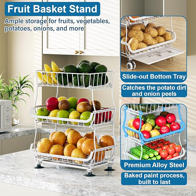 OKZEST 3-Tier Rolling Pantry Floor Organizers and Storage Cart with Wheels | Fits under pantry shelf, Stackable kitchen pantry baskets with dirt catch tray, Holds drink, snack, can, potato, onion, fruit - Image 5
