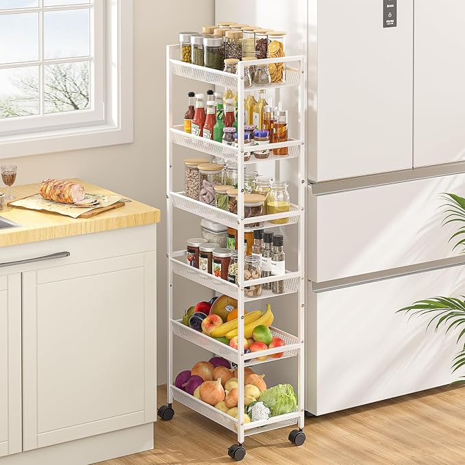 6 Tier Slim Rolling Storage Cart, Narrow Mobile Shelving Unit Organizer Utility Cart with Wheels, Metal Wire Storage Rack with Baskets for Kitchen, Bathroom, Laundry & Living Room, 10in(W) White - Image 4