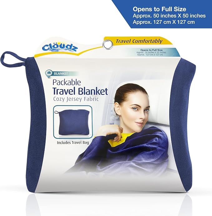 Super Soft Jersey Airplane Travel Blanket for Your Flight, Car, Camping, Home or Comforting Warmth Anywhere! Large in Size at 50"x 50" and Includes a Bag! - Blue - Image 3