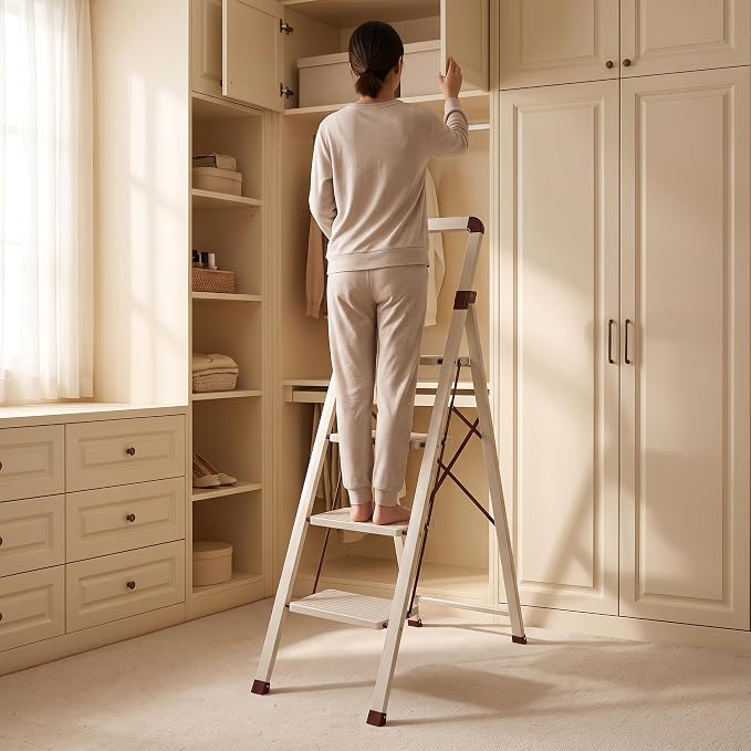 Step Ladder 4-Step White Finish Folding Ladders | Anti-slip Sturdy Foldable Ladder Step Stool for Kitchen Home Office Libaray - Image 5