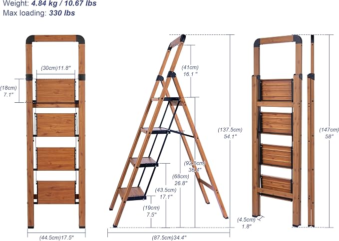 Step Ladder 4-Step Woodgrain Finish Aluminum Folding Ladders | Anti-slip Sturdy Foldable Ladder Step Stool for Kitchen Home Office Libaray - Image 2