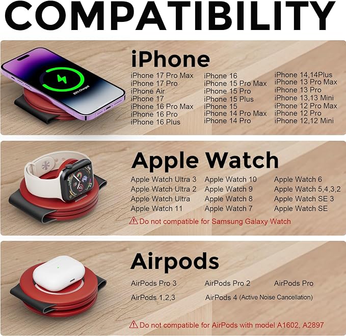 HICOBER 3IN1 Wireless Charging Station for iPhone, Watch, AirPods, Dark Red | Charge 3 devices at once, foldable, case-friendly and ready for travel - Image 6