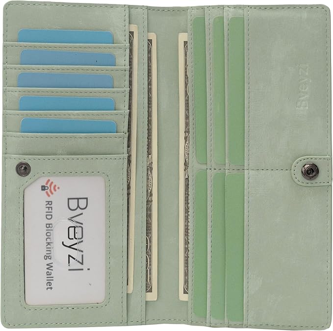 Bveyzi Ultra Slim Thin Leather RFID Blocking Credit Card Holder Bifold Clutch Wallets for Women - Image 2