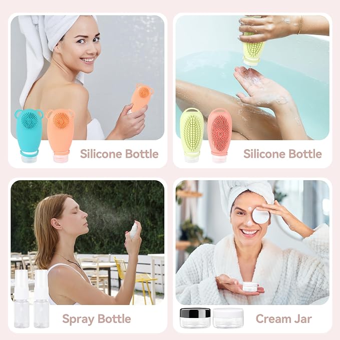 12PC Silicone Travel Bottles Set for Toiletries, TSA Approved Travel Bottles Leak-Proof Travel Size Toiletries,Multi-functional Travel Bottles with Face Wash Bath Hair Wash Silicone Massage - Image 7
