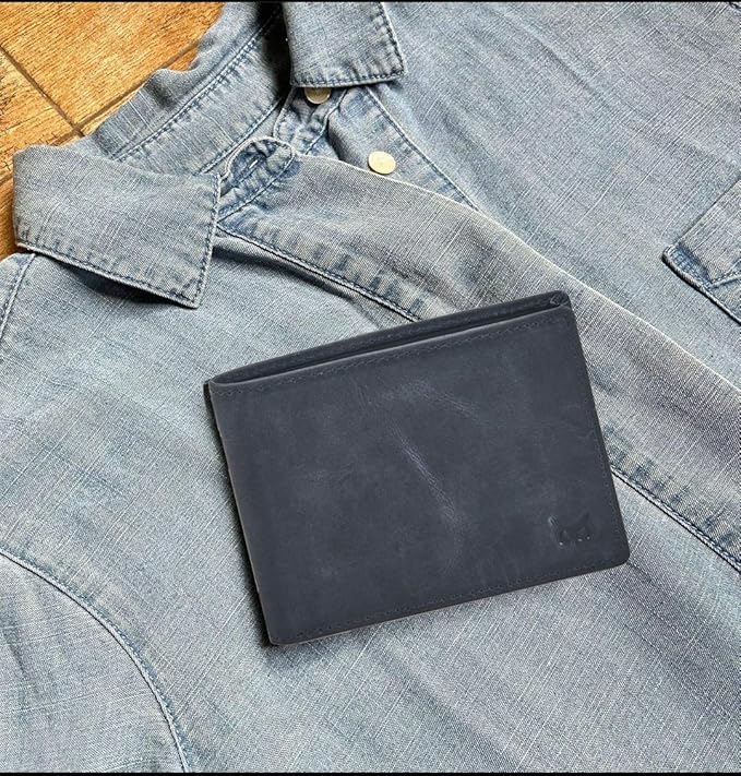 Real Leather Mens Bifold Wallet RFID Blocking Slim Minimalist Front Pocket - Thin & Stylish with ID Window in Gift Box (Crazy Horse, Navy) - Image 6