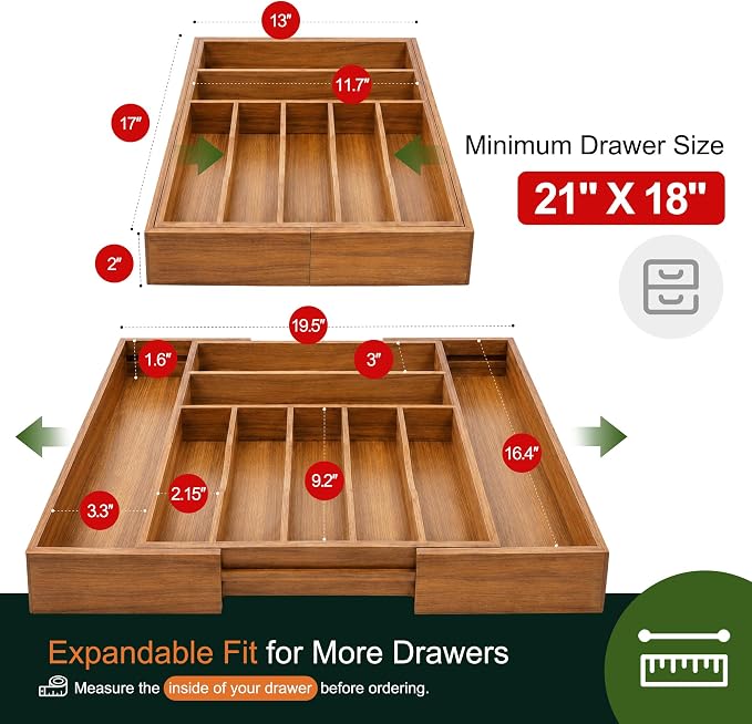 Large Premium Acacia Silverware Organizer - Expandable Drawer Organizer & Utensil Organizer - 17"x19.7" Cutlery Tray with Dividers for Kitchen Utensils and Flatware (7-9 Slots) Acacia - Image 2