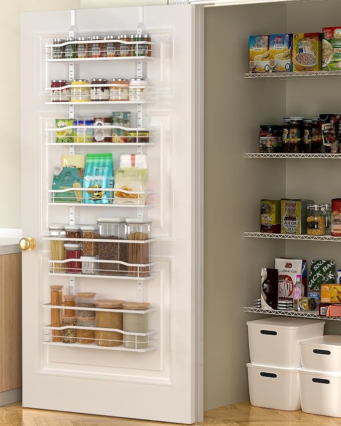 Moforoco White 6-Tier Over Door Pantry Organizer, Pantry Organization Storage, Door Metal Hanging Spice Rack Basket Shelves, Home Kitchen Apartment Essentials, Laundry Room Bathroom Organization - Image 7