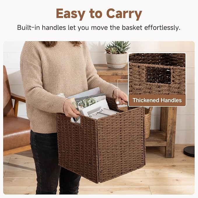 StorageWorks 13 inch Cube Storage Bins, Wicker Baskets for Storage, Brown | 2-Pack, Foldable Square Baskets, Wicker Storage Baskets for Organizing, Paper Rope Square Storage Cubes, Cube Storage Bins - Image 3