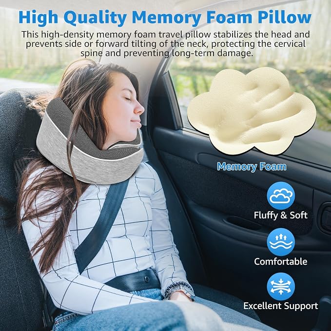 Memory Foam Travel Neck Pillow | Ergonomic 360 Degree Head Support for Airplane, Car and Office Sleeping, with Breathable Cotton Cover and Carry Bag, Gray-2 - Image 6