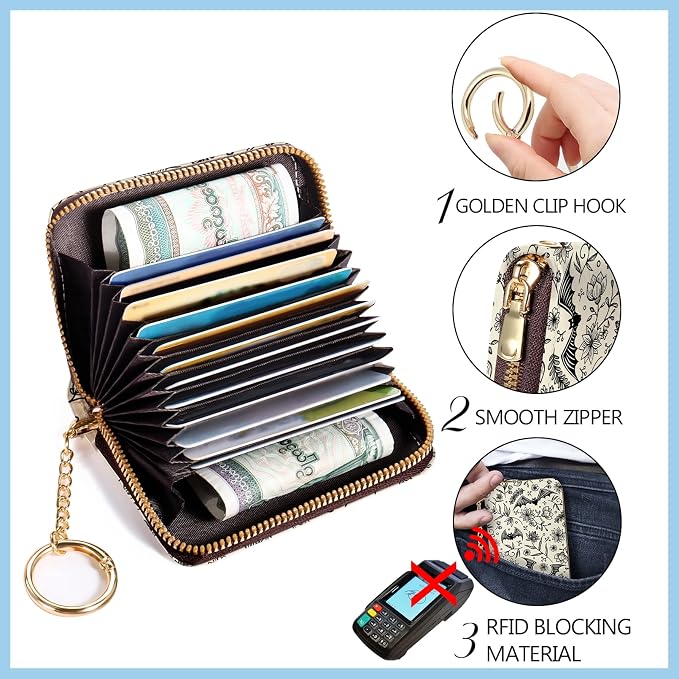 Blusabaca Women Credit Card Holder, Small RFID Wallet with Wristlet Strap | Removable Keychain, Case with Zipper, Vegan PU Leather, Cash Coin Pocket, Business Accordion Purse, Ladies Female Gift - Image 5