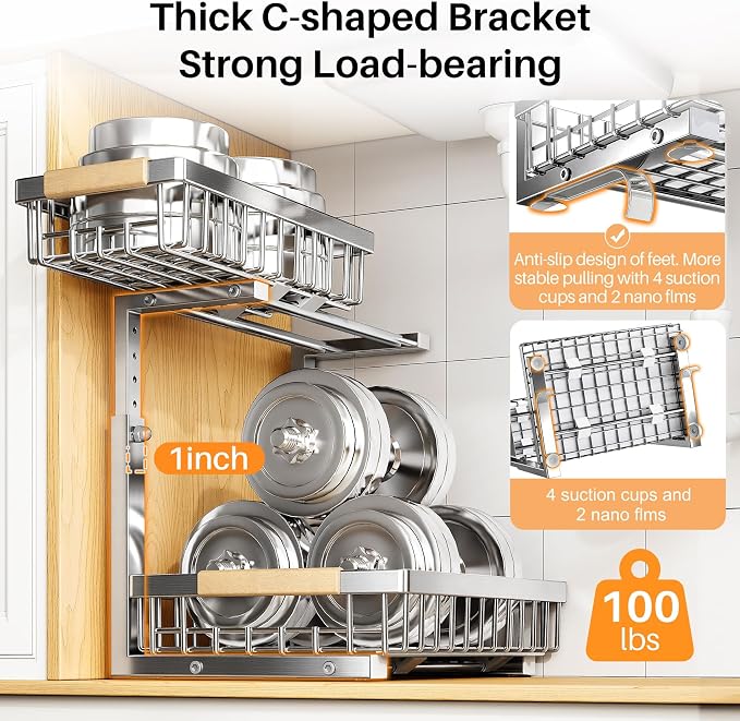 PXRACK Under Sink Organizer, Adjustable Height, 2 Tier Pull Out Cabinet Organizer, Slide Out Thickened Metal Storage for Kitchen Bathroom Laundry Pantry Cabinet, Stainless Steel, Silver, Large-1-Pack - Image 6