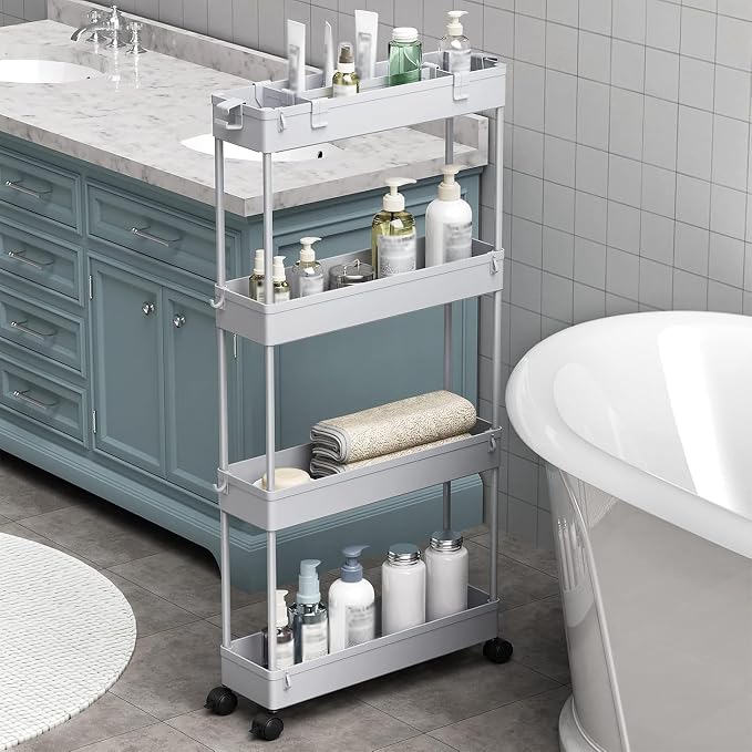 2-piece Set Slim Storage Cart 3 Tier,Bathroom Organizer Rolling Utility,Mobile Shelving Unit Slide Out for Office, Kitchen, Laundry Room & Narrow Places - Image 6