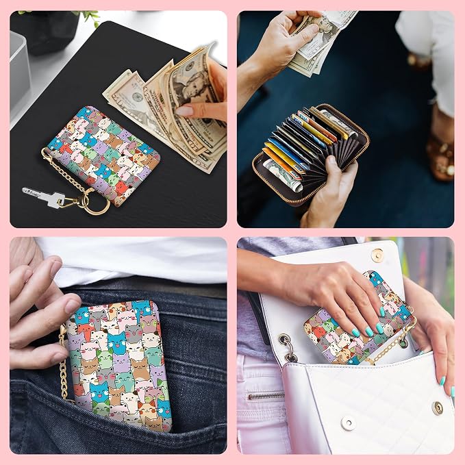 Blusabaca RFID Credit Card Holder Small Women Travel Wallet, Cute Cats | Removable Keychain, Case with Zipper, Vegan PU Leather, Cash Coin Pocket, Business Accordion Purse, Ladies Female Gift - Image 3
