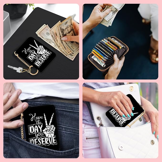 Blusabaca RFID Credit Card Holder Small Women Travel Wallet, Skull Sign | Removable Keychain, Case with Zipper, Vegan PU Leather, Cash Coin Pocket, Business Accordion Purse, Ladies Female Gift - Image 3