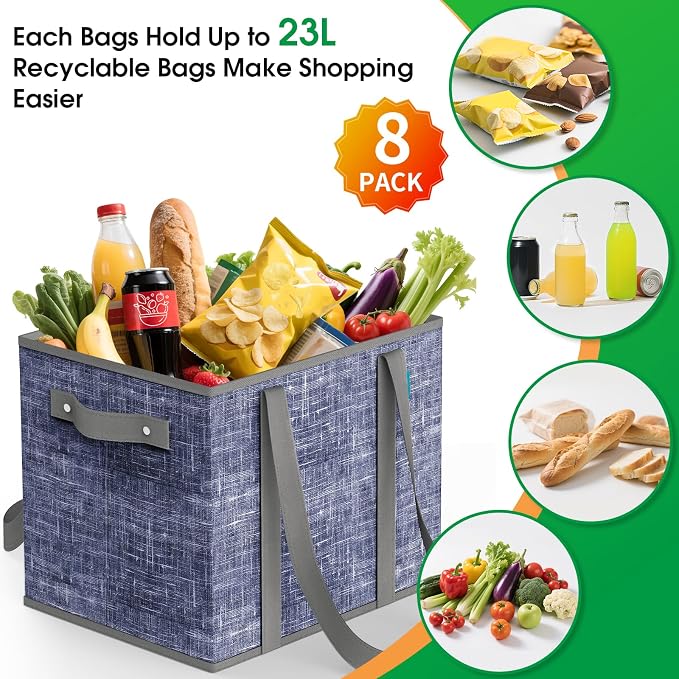 Fab totes Reusable Grocery Bags, Large Foldable Shopping Tote Bags with Reinforced Handles & Hard Bottom,8 Pack,Blue - Image 4