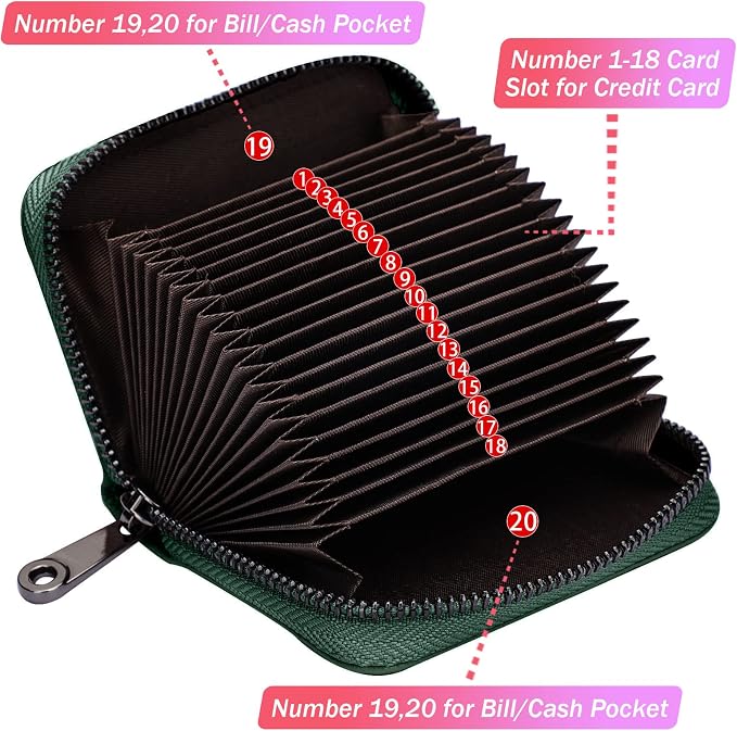 Linno RFID 20 Slots Credit Card Holder Genuine Leather Small Wallet for Women or Men with Zipper - Image 2