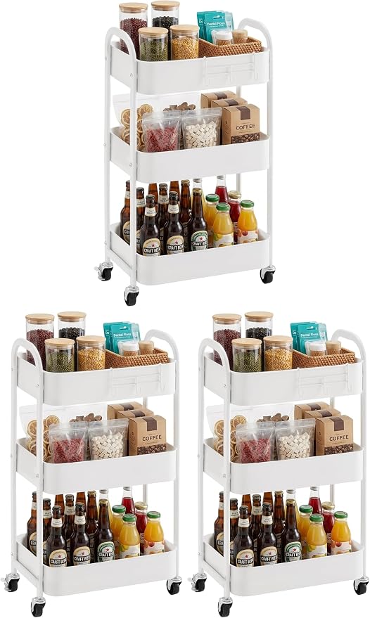 MAX Houser 3-Tier Rolling Utility Cart with Caster Wheels,Easy Assembly, for Kitchen, Bathroom (White) (Pack of 3) by MAXHouser