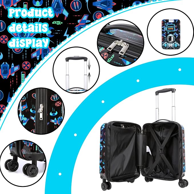 Kid's Luggage Set for Travel Toddler Suitcases with Wheels 2 Piece Boys Suitcase Set with Neck Pillow Hardshell 16" Carry on Hardside Luggage - Image 3