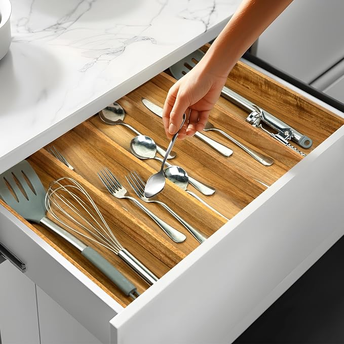 VaeFae Bamboo Drawer Organizer, Large, Acacia | Expandable Silverware Organizer, Kitchen Utensil Storage, Wooden Cutlery Tray with Dividers, Fork and Spoon Holder - Image 6