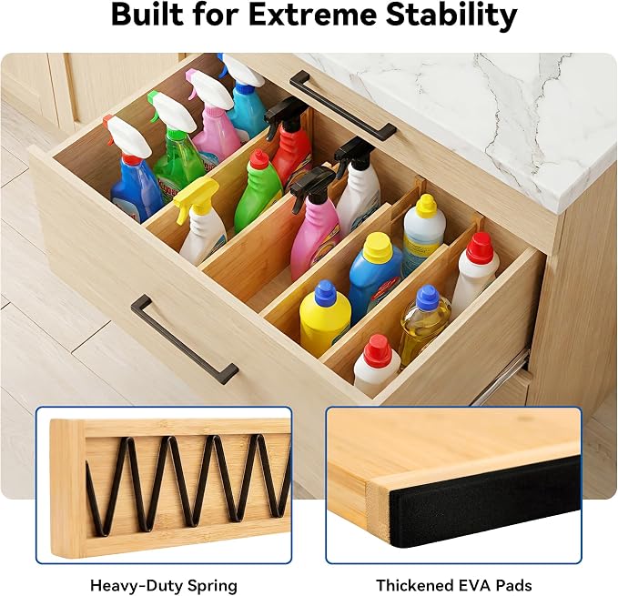 4 Pack 6" Deep Bamboo Drawer Dividers, 17-22" Expandable Kitchen Organizers | Adjustable Spring-Loaded Tension Separators with Foam Pad for Clothes, Utensils, Kitchen, Dresser, Nursery & Bathroom - Image 4