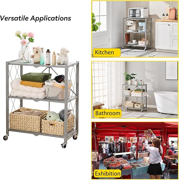 BRIAN & DANY 3-Tier Foldable Storage Shelves with Wheels, No Assembly Folding Shelf Metal Rack, Shelving Unit for Kitchen, Garage, Gray - Image 5