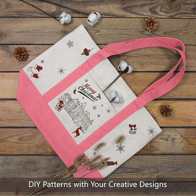 TOPDesign 6-Pack Canvas Tote Bags with an External Pocket, Reusable Grocery Shopping Bags, Top Zipper Closure, Daily Essentials (Rose Pink/Natural) - Image 4