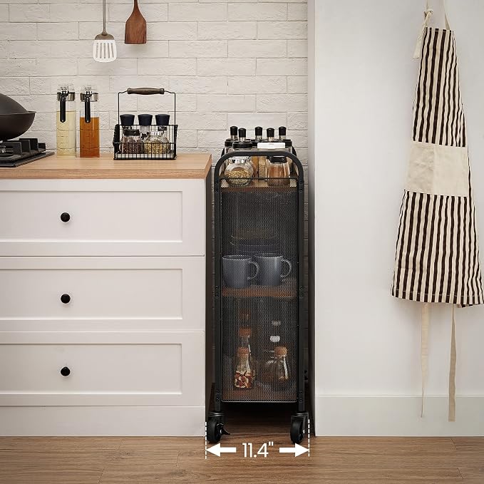 VASAGLE 3-Tier Narrow Storage Cart, Rolling Cart with Wheels, Steel Frame | Slim Storage Cart for Kitchen, Adjustable Feet, Traditional Basic Style, Rustic Brown and Black, DACEY Collection ULRC66BX - Image 4