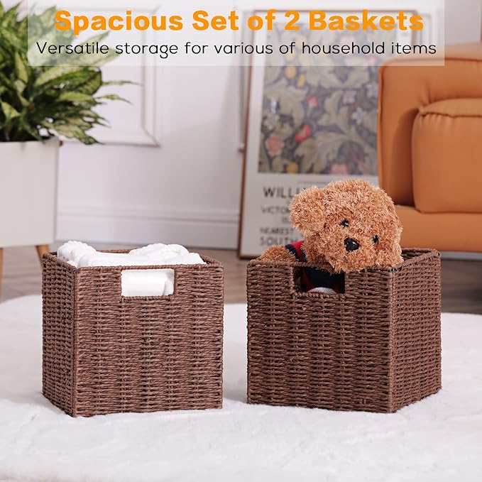 Wicker Storage Basket, Set of 2 Hand-Woven Storage Baskets for Shelves, Foldable Cube Storage Baskets Bins with Handles, 9 inch Small Wicker Baskets for Organizing Pantry Bedroom, Brown - Image 4