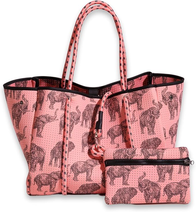 POPUPS Large Neoprene Tote Bag for Women - Everyday Designer Handbag for Travel Work and Beach with Pockets and Zipper Pouch by POPUPSBrand