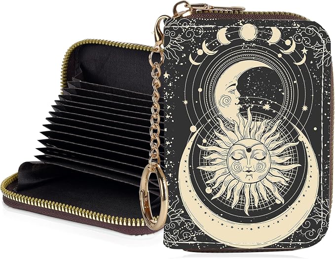 Credit Card Holder for Women,Small Rfid Wallet with Keychain Zipper,Cute PU Leather Card Case Wallet，Accordion Credit Card Wallets Gift,Sun Moon Face by Unknown