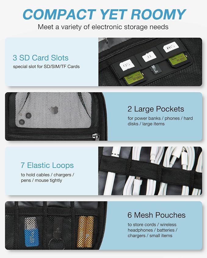 BAGSMART Large Electronics Organizer Travel Case for Tech Accessories, Blue | Tech Accessories, Cord Storage Bag, For Phone, Power Bank, SD Card, Cables - Image 3