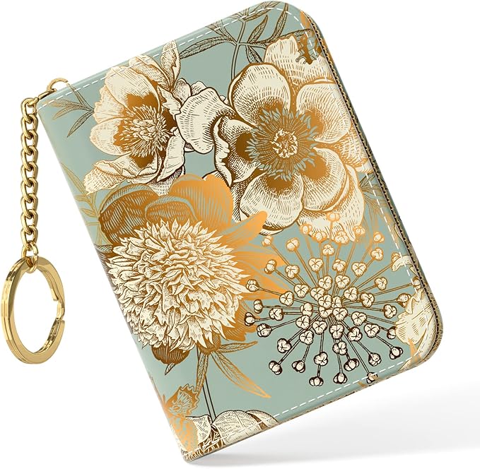 Nipichsha Women's Small RFID Blocking Credit Card Wallet, Blooming Flowers, Leather, Slim and Compact, 4.33 x 3.15 in | Leather Card Holder Wallet, Credit Card Wallet Organizer, Business Card Case with Zipper & Keychain, 12-Slot Compartment by Nipichsha