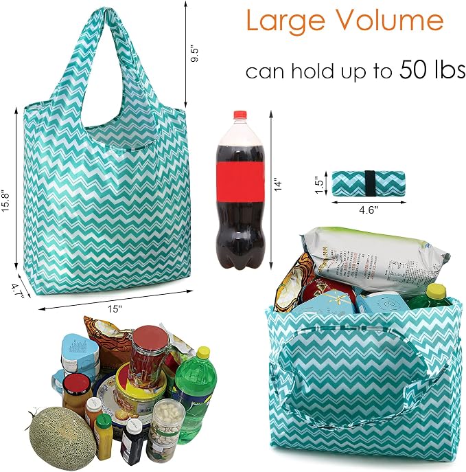 BeeGreen Reusable Grocery Bags Lightweight Durable Shopping Bags Washable Foldable 12 Pack Xlarge Classic Geometric Design Gift Tote Grocery Bags with Elastic Band and Separated Zipper Storage Pouch - Image 3