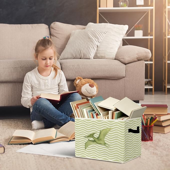 Vintage Dinosaur Boy Nursery Storage Bins Box with Handles Organizer Basket | pterodactyl foldable basket for organizing, dino green stripe collapsible toys clothes for playroom toddler bedroom, 10x14 in - Image 5