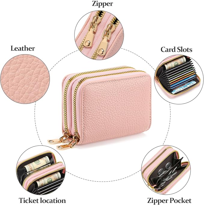 Credit Card Holder for Women Double Zipper Small Leather Card Case Wallet - Image 5