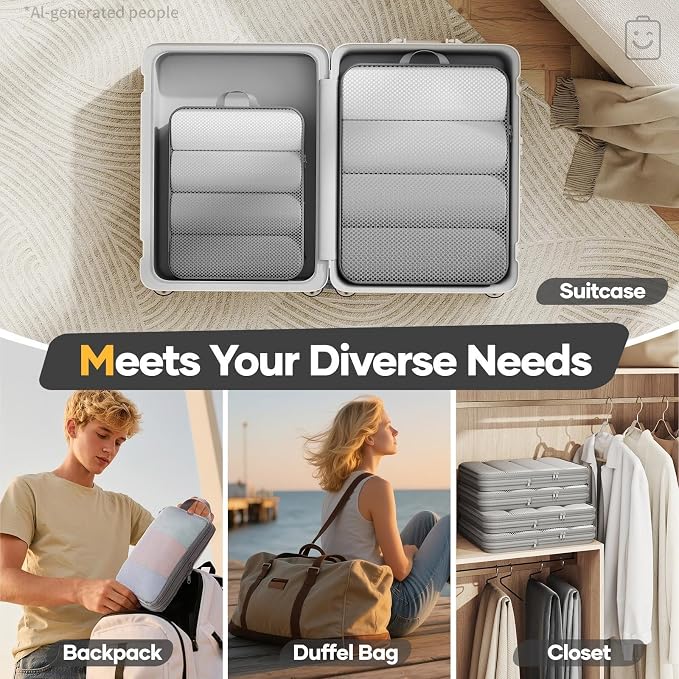 Veken 6/9/11 Set Compression Packing Cubes Garment Bags for Travel Essentials,Compressible Expandable Luggage Organizer Bags for Clothing,Space Saver Bags with Over 1000 pcs of Mesh Holes(Gray) - Image 9