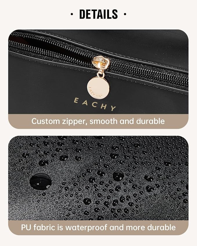 EACHY Travel Makeup Bag for Women, PU Leather Cosmetic Bag, Black, Medium | Water-resistant PU leather exterior with flat-open access, clear TPU brush compartment and organized storage for cosmetics - Image 5