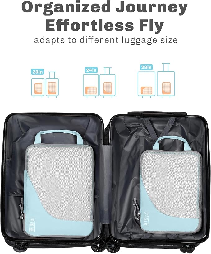 6 Set/ 4 Set/ 2 Set Compression Packing Cubes Travel Essentials Lightweight Nylon Luggage Suitcase Organizer Bag Light Blue 2PCS - Image 3