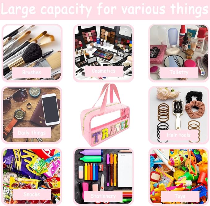 Bunliuys Chenille Letter Clear Makeup Bag Travel Patch, Travel Toiletry Makeup Bag with Handle, Nylon Waterproof Makeup Bags clear cosmetic bag, preppy patch makeup bag for Women (TRAVEL-Pink) - Image 5
