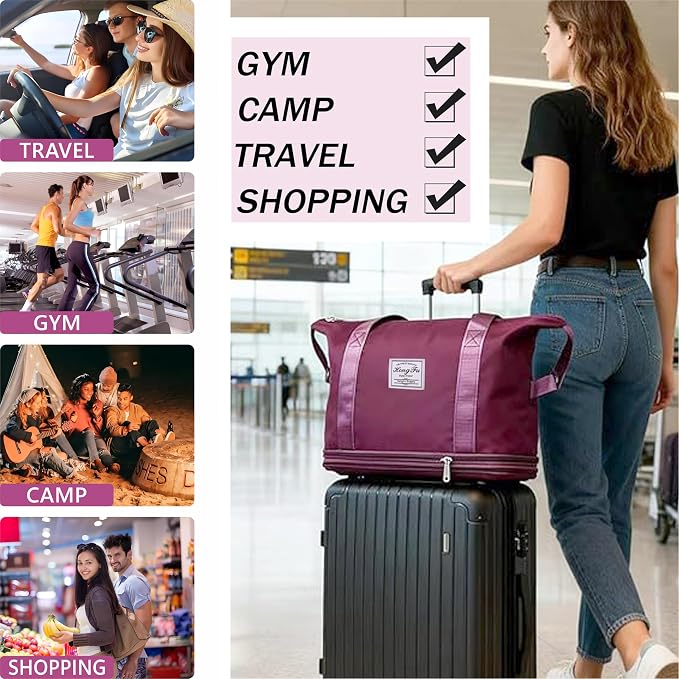 Expandable Foldable Duffel Bag with Detachable Rolling Wheels, Large Carry-On Luggage for Travel, Gym, Camping, Shopping, Business Trip (Blue) - Image 3