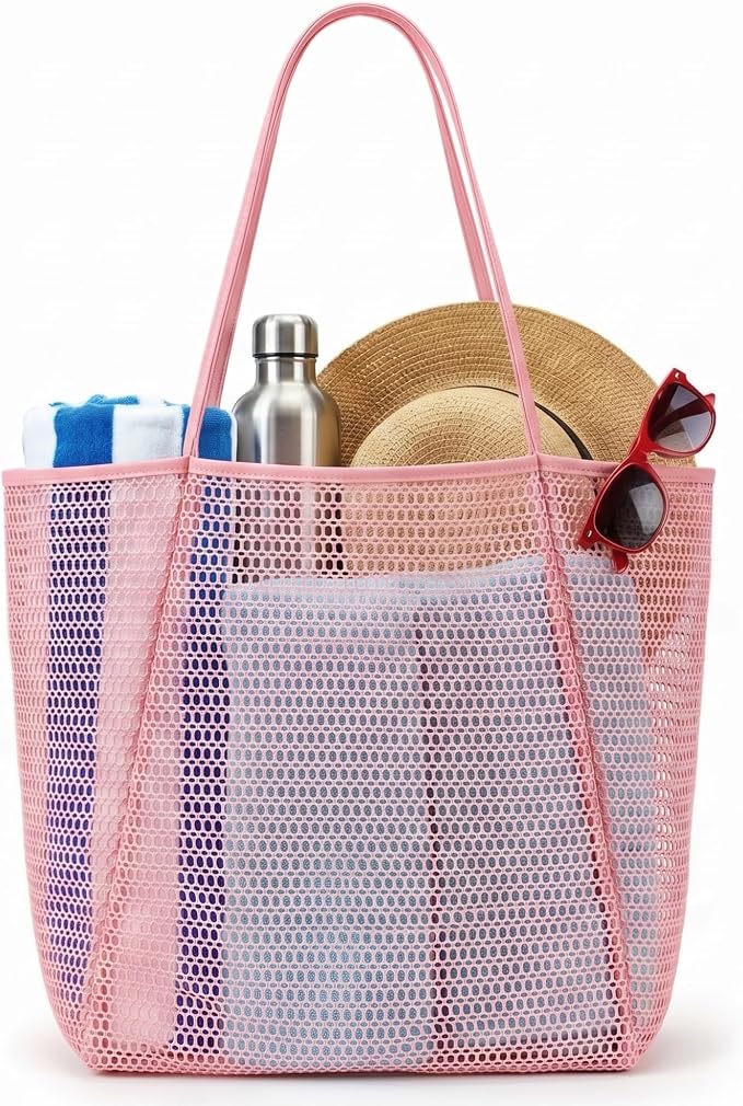 Rave Envy Large Mesh Beach Tote Bag - Waterproof Pool & Travel Beach Bag | Large Capacity | Sturdy Base | Lightweight Foldable Design | Quick-Drying Breathable Fabric | Spacious Multi-Pocket Storage by RaveEnvy