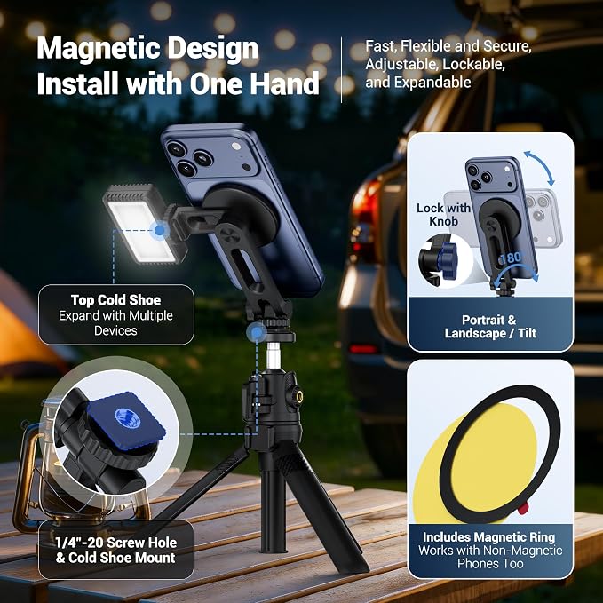 Magnetic Camera Cold Shoe Phone Tripod Mount Holder w Rotatable Cold Shoe | Adjustable Cell Phone Tripod Adapter Attachment with 1/4"-20 Hole for Magsafe iPhone 17 16 15 14 13 12 Pro Max Live Streaming - Image 3