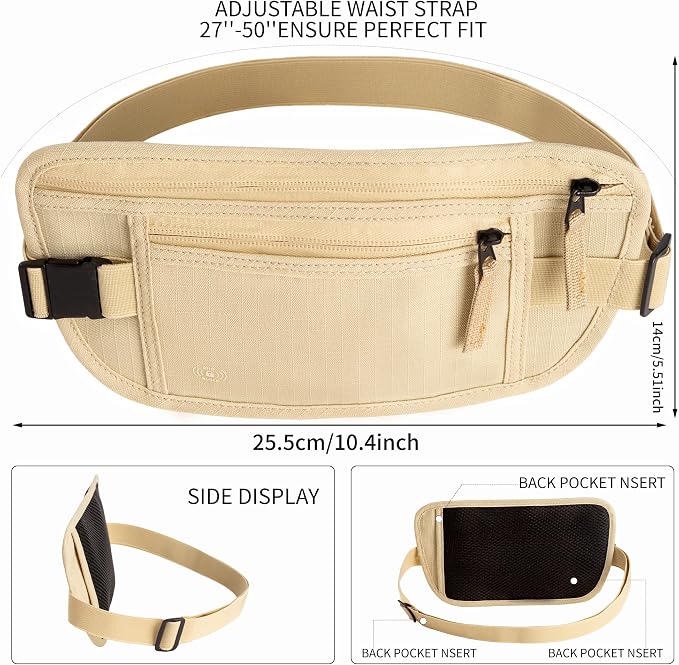 Money Belt for Travel Fanny Pack for Men Hidden Travel Pouch Fanny Pack for Women Hidden Rfid Passport Holder for Travel (Beige) - Image 3