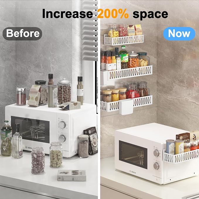 4-Pack Magnetic Spice Rack for Refrigerator with Hooks, White | Strong multipurpose magnetic shelf for kitchen & bathroom organization. Includes 4 removable hooks for hanging items. - Image 2