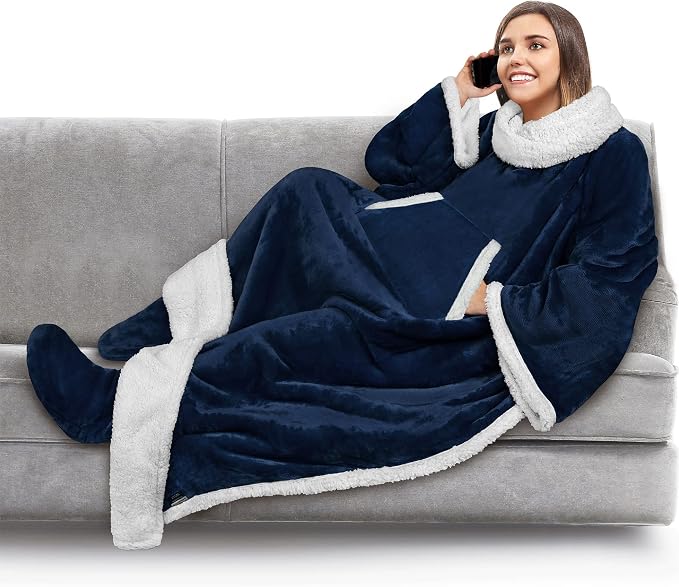 PAVILIA Sherpa Blanket with Sleeves, Foot Pocket for Women Men Adults, Thick Wearable Blanket Throw Wrap, Fleece Warm Snuggle Blanket Robe, Cozy Gift Ideas Wife Mom, Navy Blue by PAVILIA